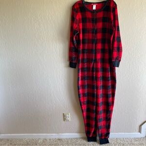 SR2 WOMENS ONE PIECE FLANNEL RED BLACK PLAID PJ'S JUMP SUIT SZ L LOUNGE POLY